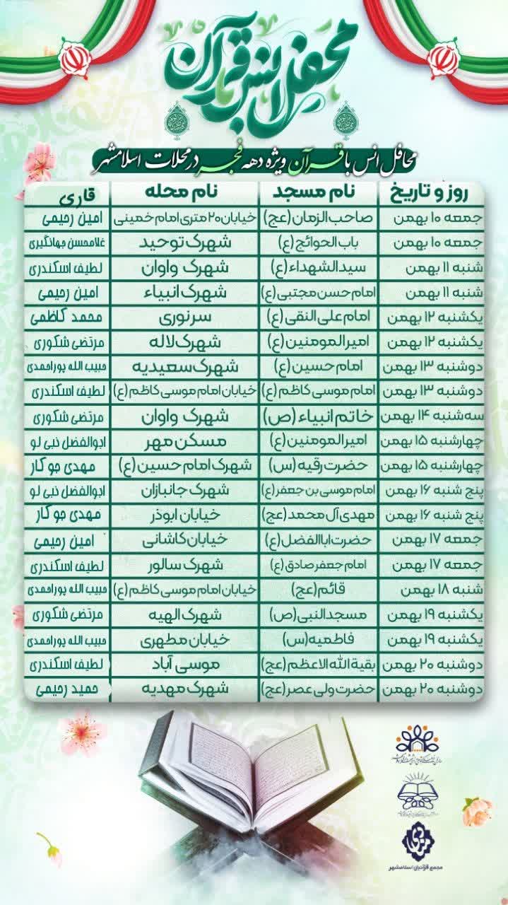 کرسی های تلاوت قرآن کریم اسلامشهر در دهه مبارک فجر 1404